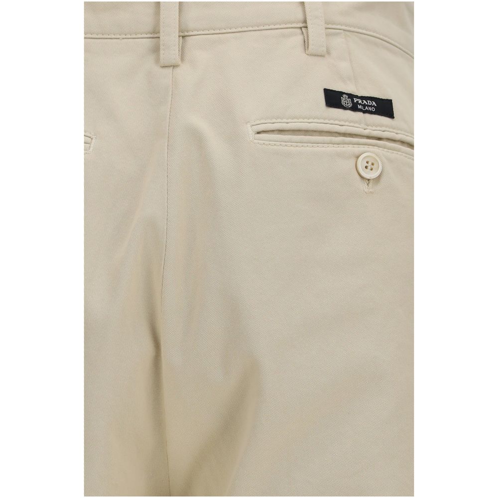Pantalones Casuales De Algodón Beige De Corte Recto Prada
