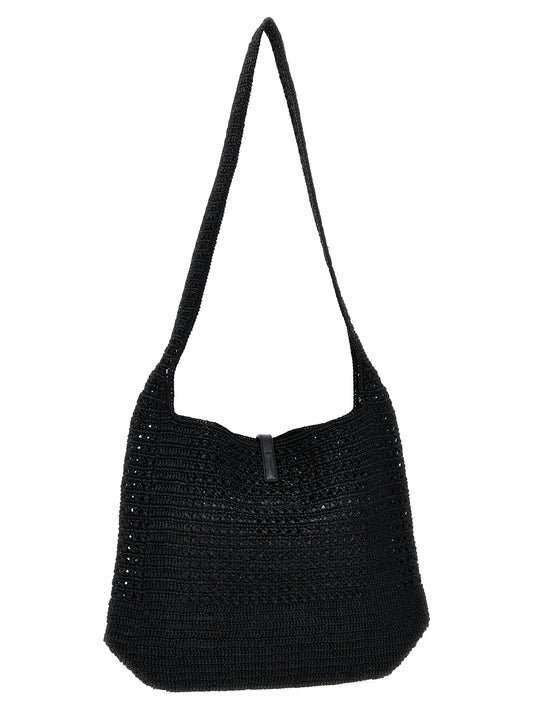 Bolso Shopping Midi Saint Laurent De Ráfia Negra Modelo Le 5 À 7