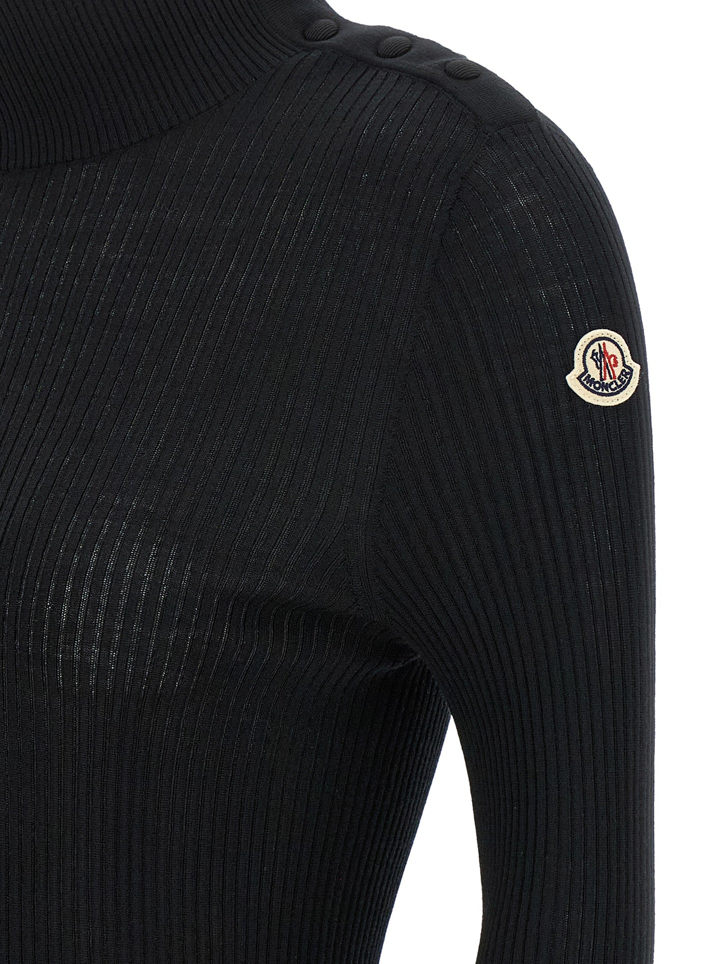 Moncler Black Virgin Wool Cardigan With Ribbed Texture