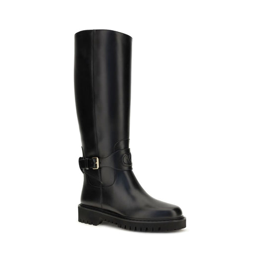 Valentino Garavani Botas Planas De Piel De Ternera Bos Taurus Negras