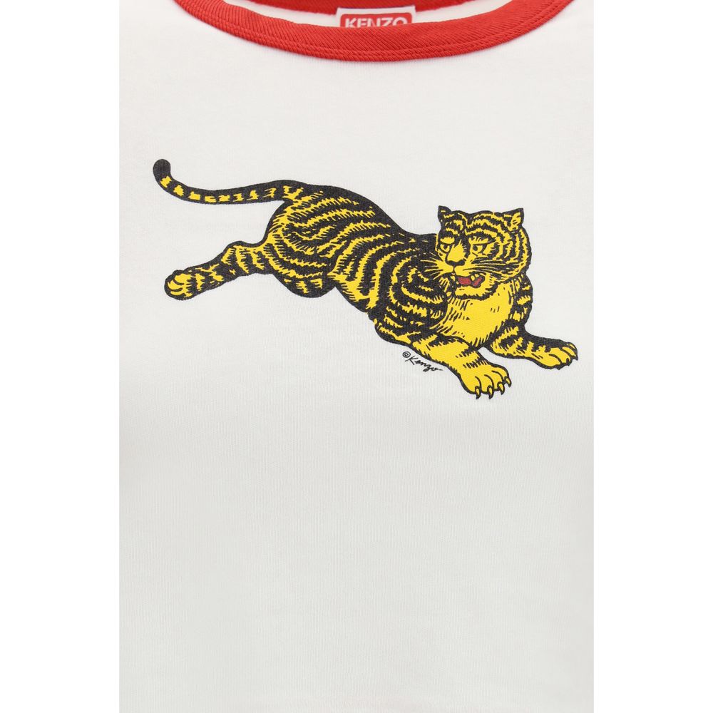 Kenzo White Cotton Crop T-Shirt - Jumping Tiger Print