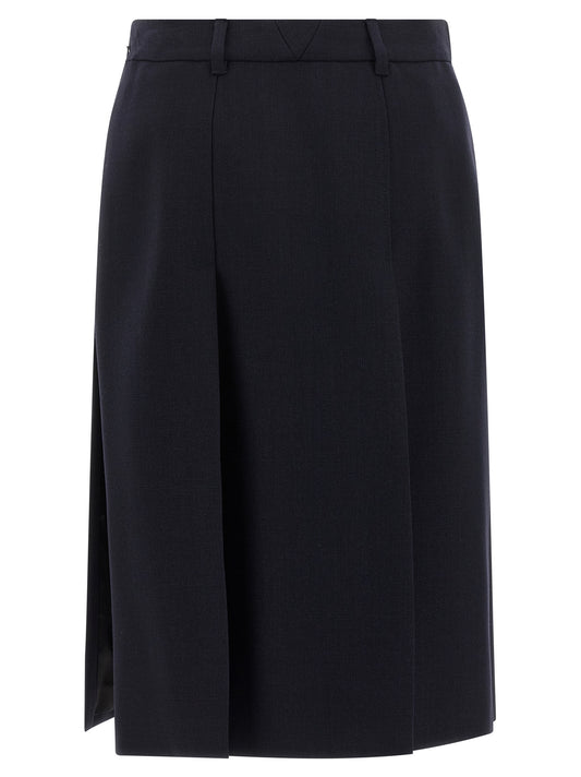 Prada Falda Midi De Lana Virgen Azul Con Corte Evase Y Fendas