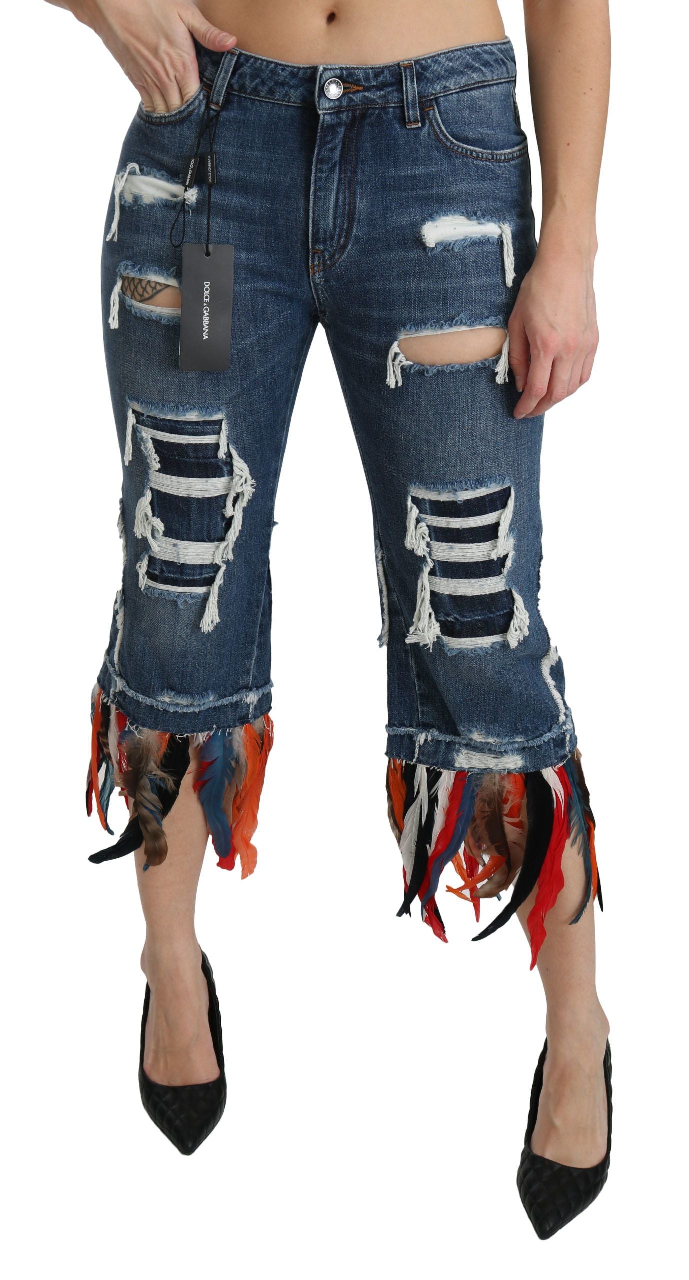 Dolce & Gabbana Vaqueros de algodón de tiro bajo cropped con estampado de plumas azules