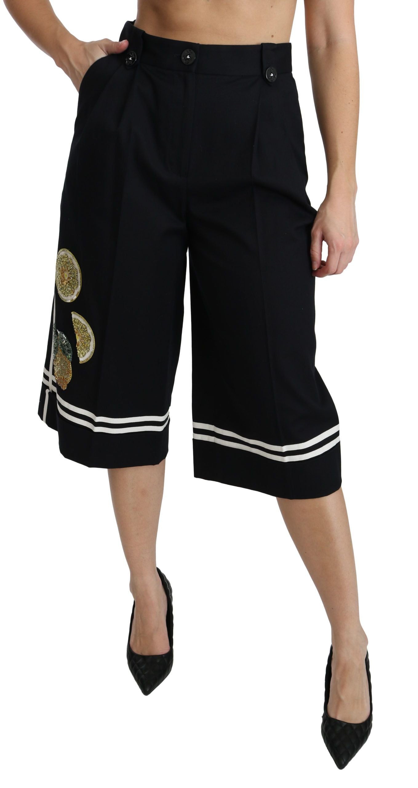 Pantalones Palazzo Cortos Negros Dolce & Gabbana con Limones y Adornos