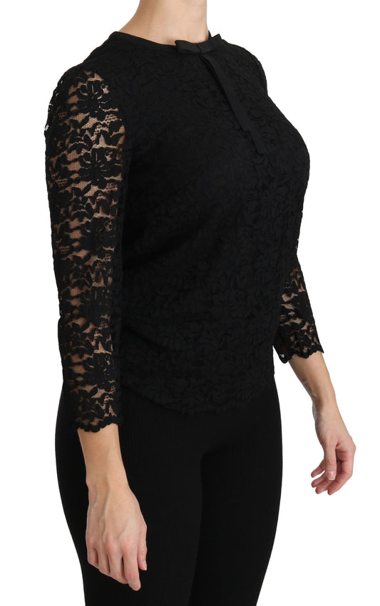 Blusa de nailon de encaje negro de manga larga de Dolce & Gabbana