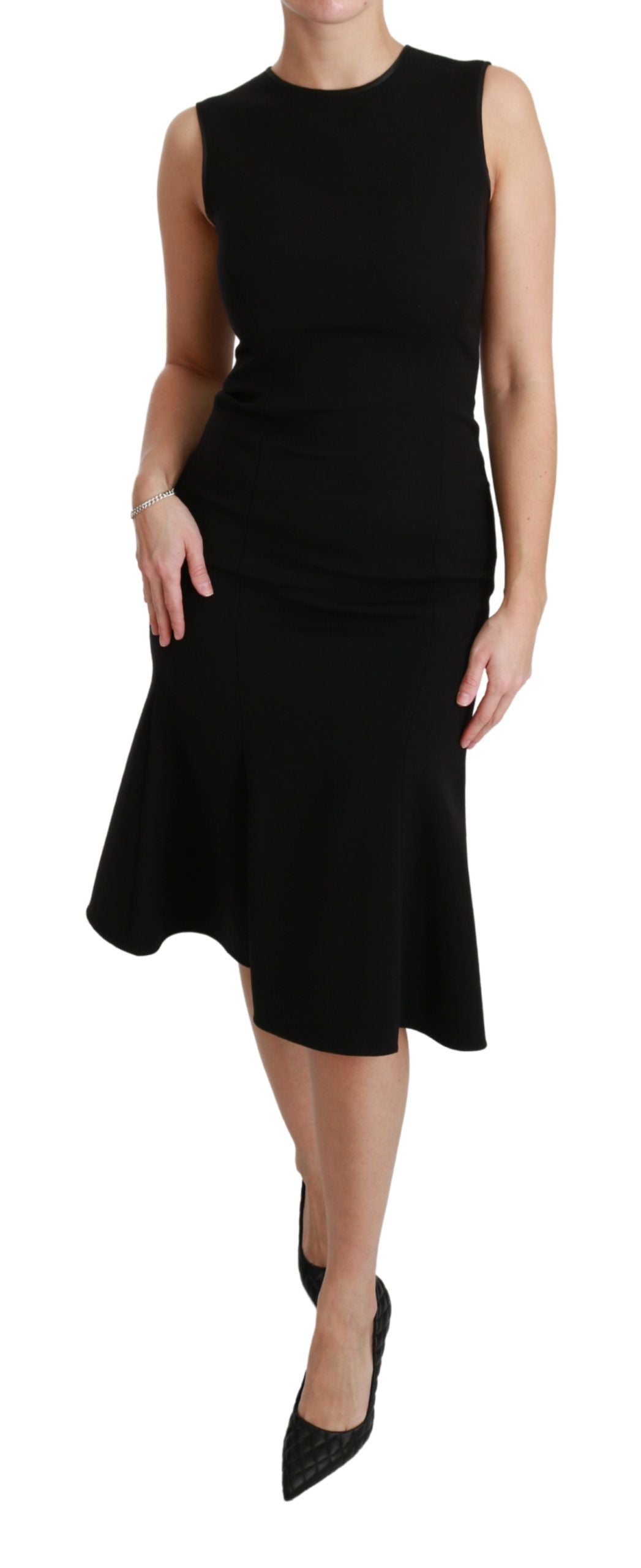 Vestido de tubo de lana elástica con vuelo y corte entallado en negro de Dolce & Gabbana