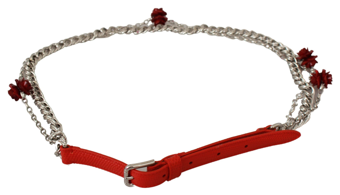 Cinturón de cintura plateado con rosas de cuero rojo de Dolce & Gabbana