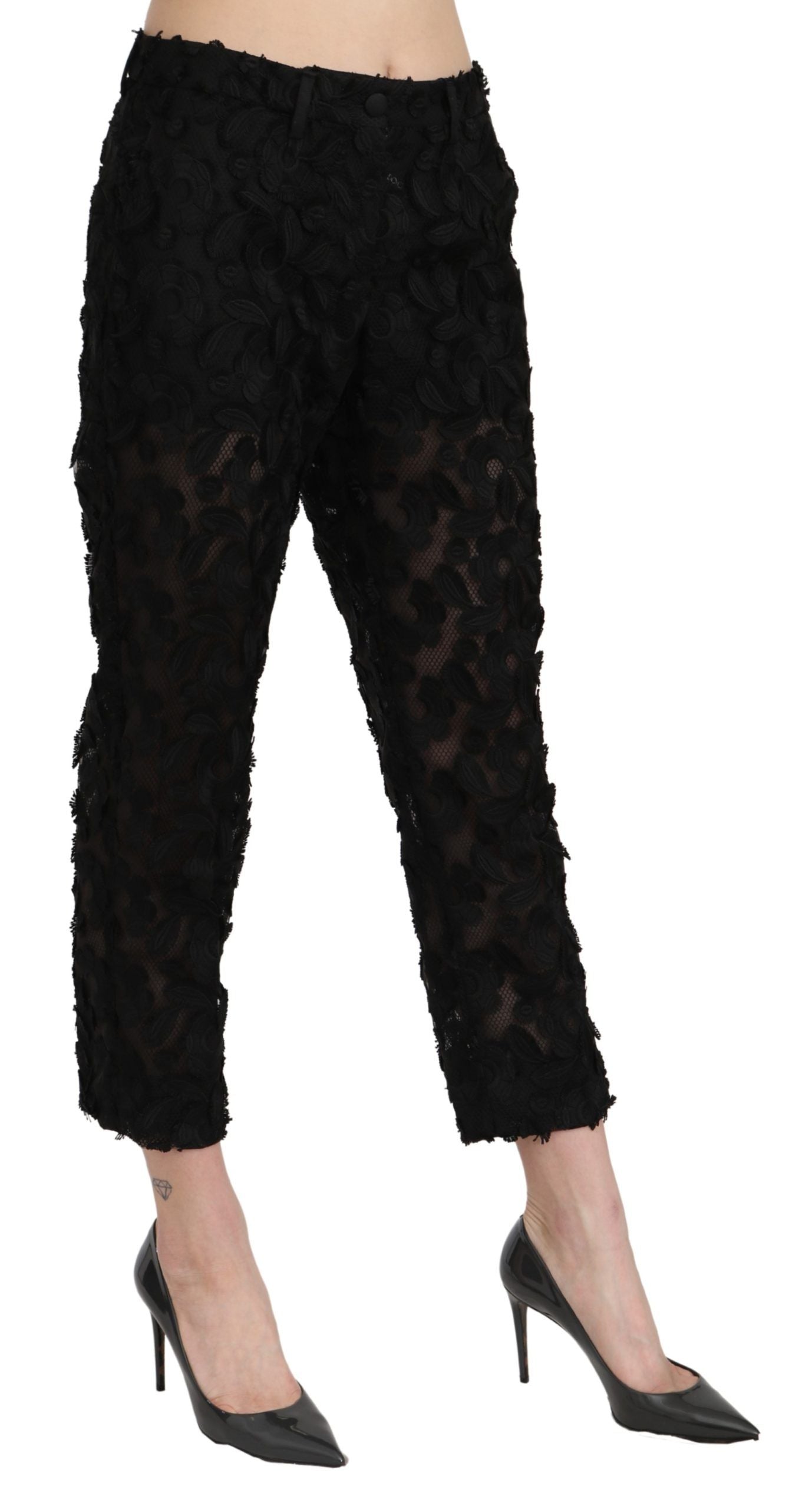 Pantalones rectos negros de encaje de talle alto y corte capri de Dolce & Gabbana