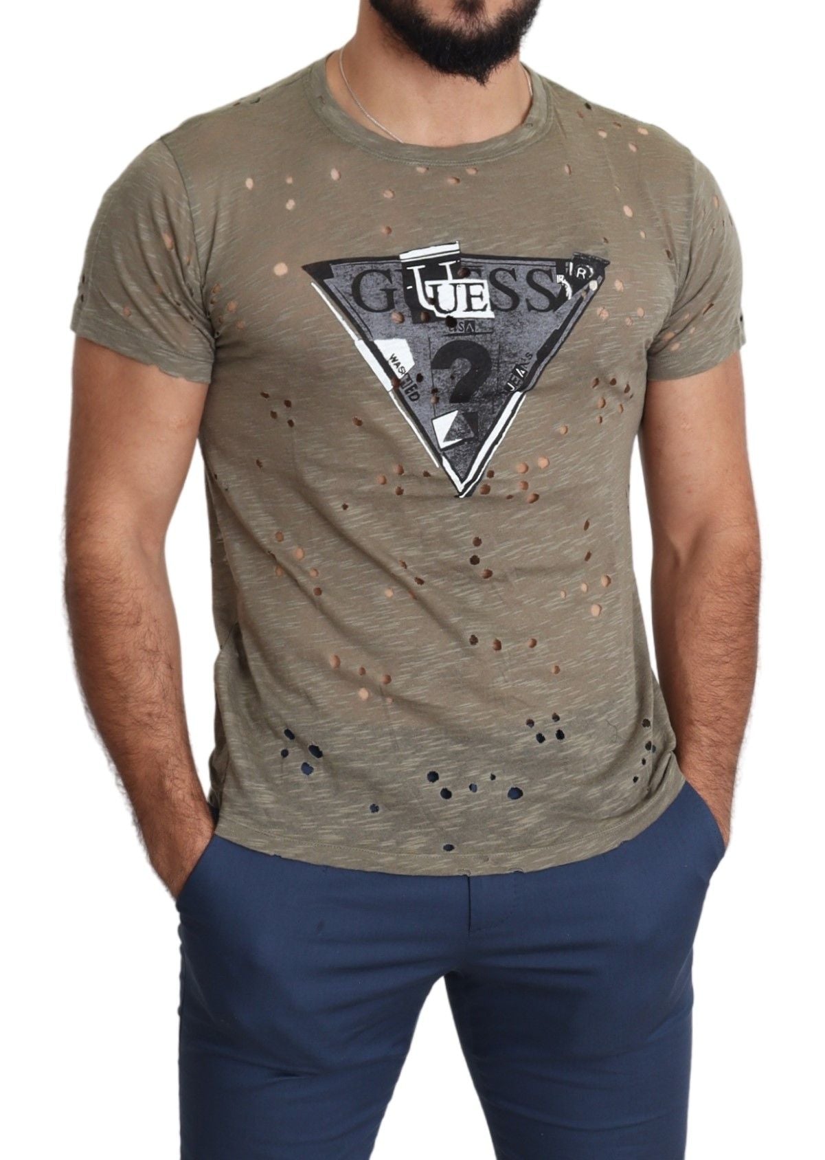 Guess camiseta perforada de algodón elástico marrón con logo estampado para hombre