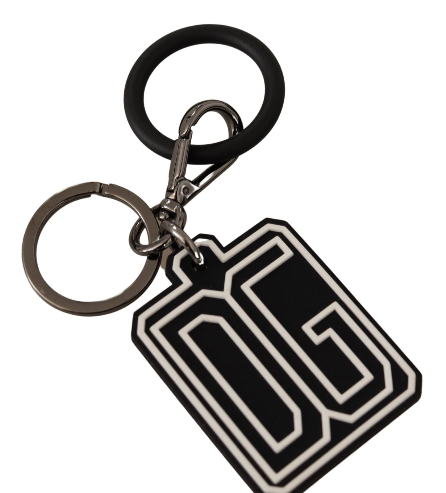 Llavero Dolce & Gabbana Negro Blanco con Logotipo DG de Goma y Anillo Plateado