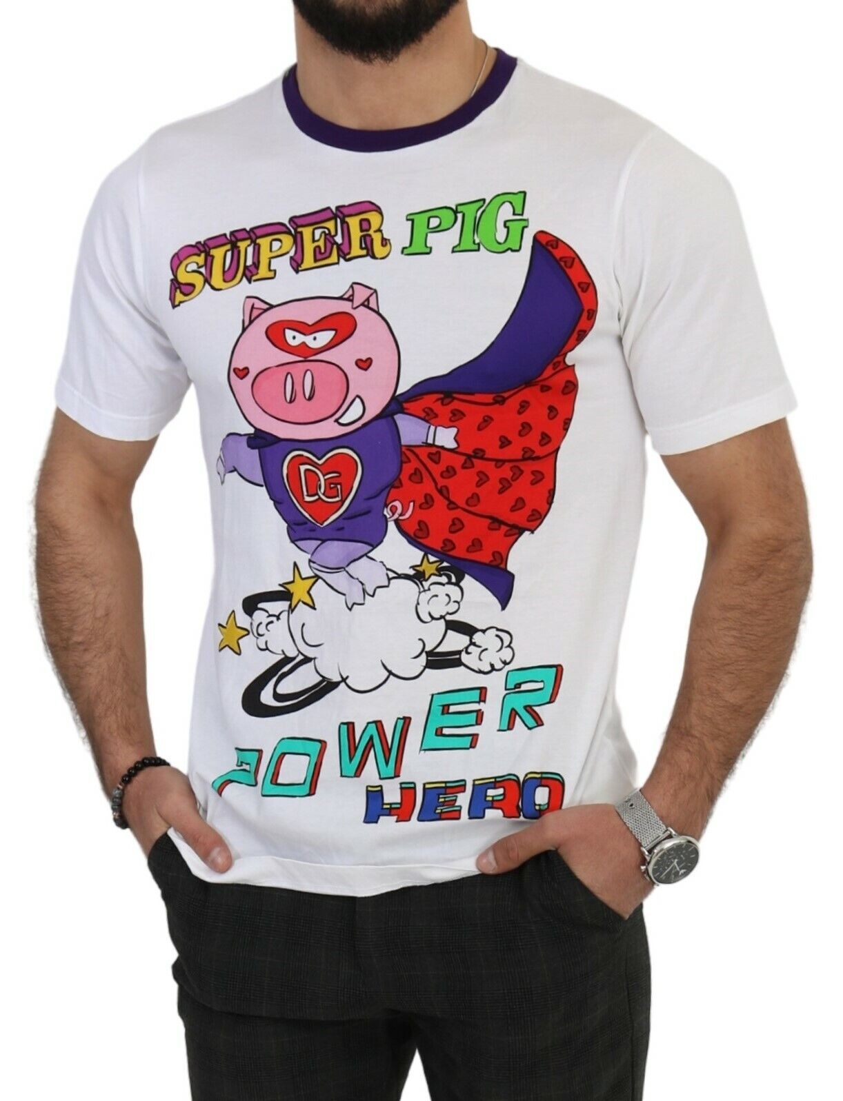 Camiseta Dolce & Gabbana de algodón blanco con diseño de cerdo Super Power