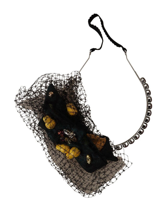 Diadema Dolce & Gabbana de malla negra con cristales y frutas plateadas