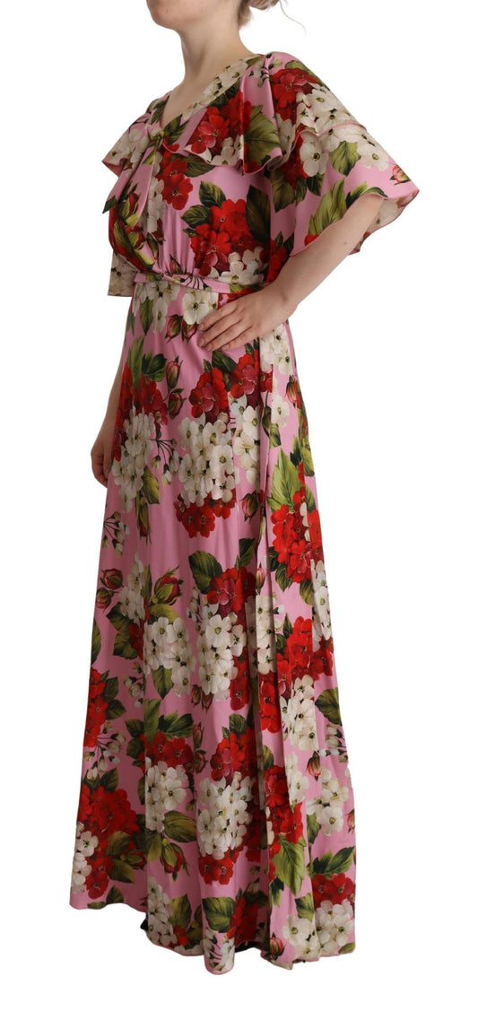 Vestido largo de seda elástica con estampado floral rosa de Dolce & Gabbana