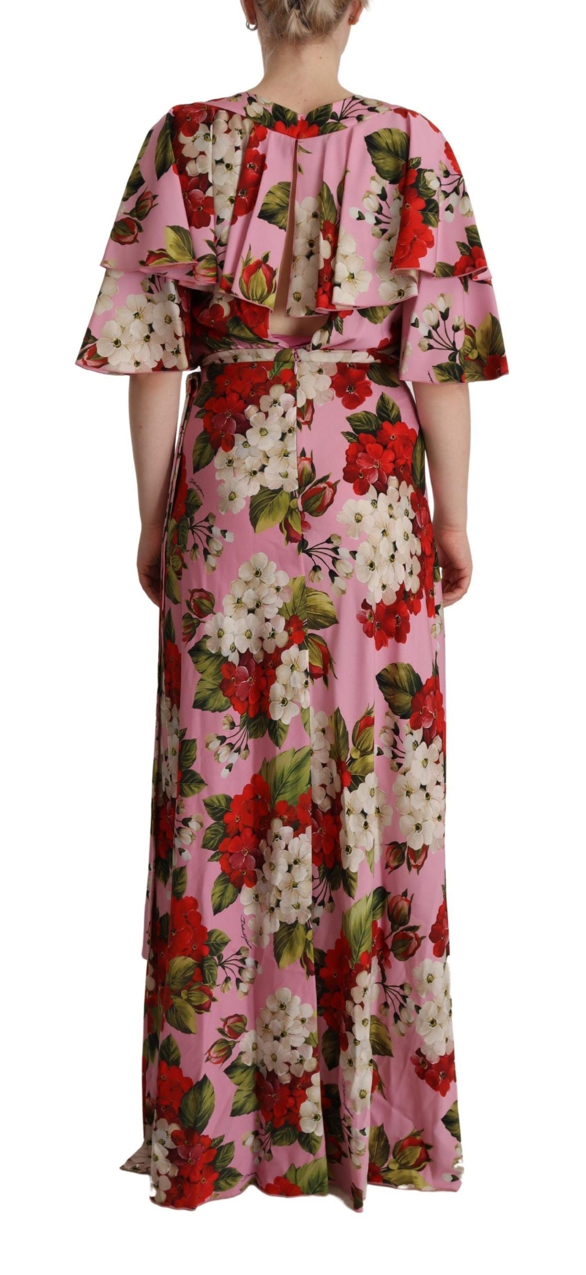 Vestido largo de seda elástica con estampado floral rosa de Dolce & Gabbana