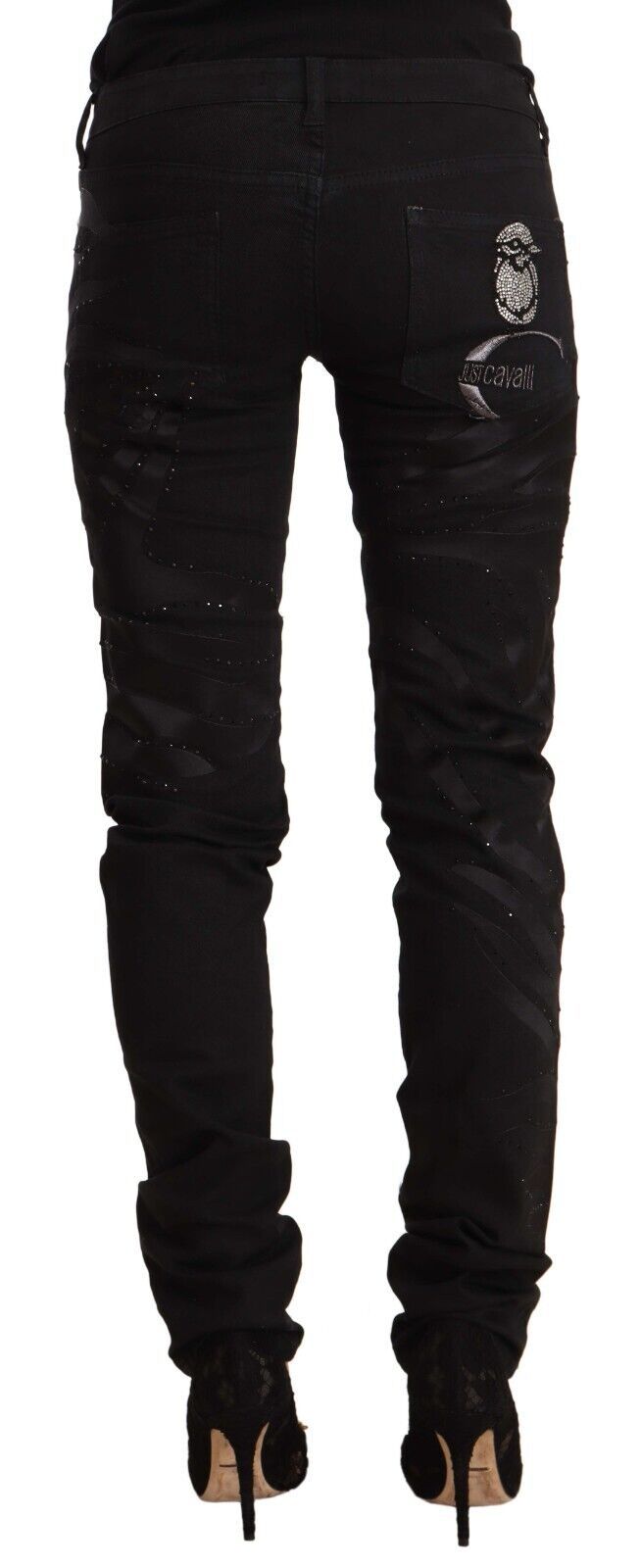 Just Cavalli Jeans pitillo negros de tiro medio adornados