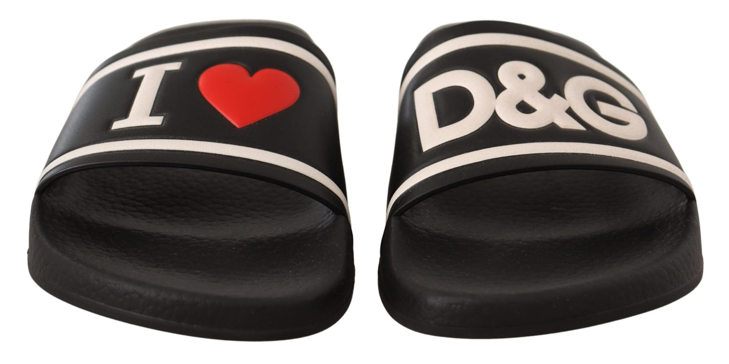 Sandalias Deslizantes Dolce & Gabbana de Cuero Negro con Texto "I Love D&G"