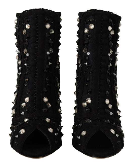 Dolce & Gabbana Botines Cortos con Tacón, Cremallera y Cristales Negros