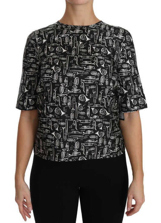 Blusa de seda con estampado de instrumentos musicales negra de Dolce & Gabbana