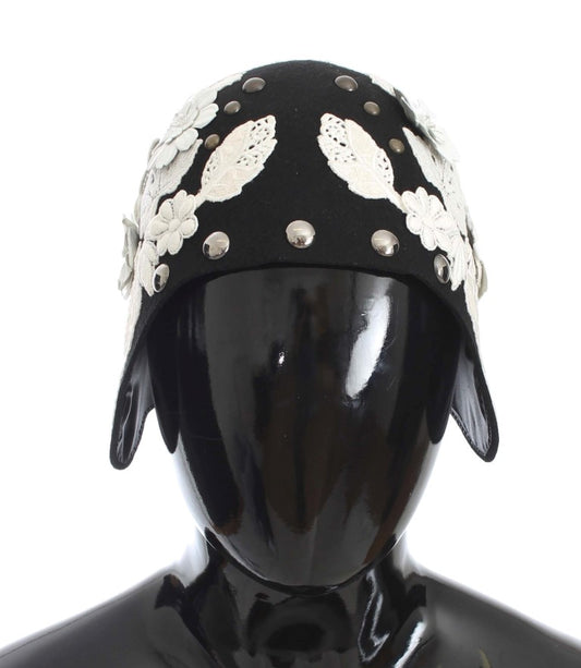 Sombrero Dolce & Gabbana de Lana Negra con Diseño Floral Blanco y Hojas Doradas