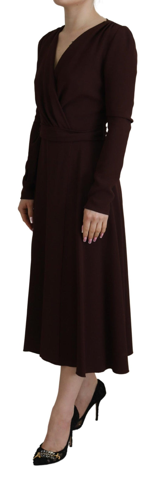 Vestido midi elástico Dolce & Gabbana marrón cruzado de manga larga