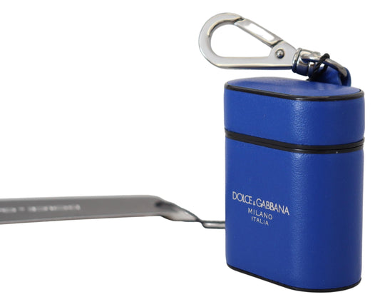Estuche para Airpods Dolce & Gabbana de cuero azul con logotipo de metal plateado