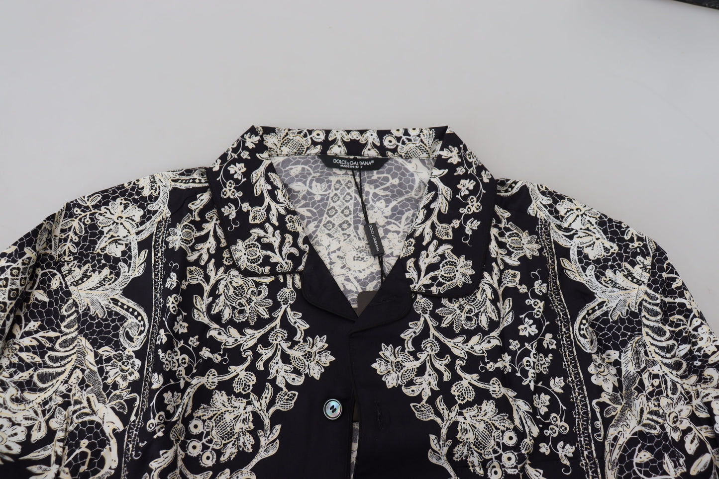Camisa casual de satén con estampado floral barroco de seda azul de Dolce & Gabbana
