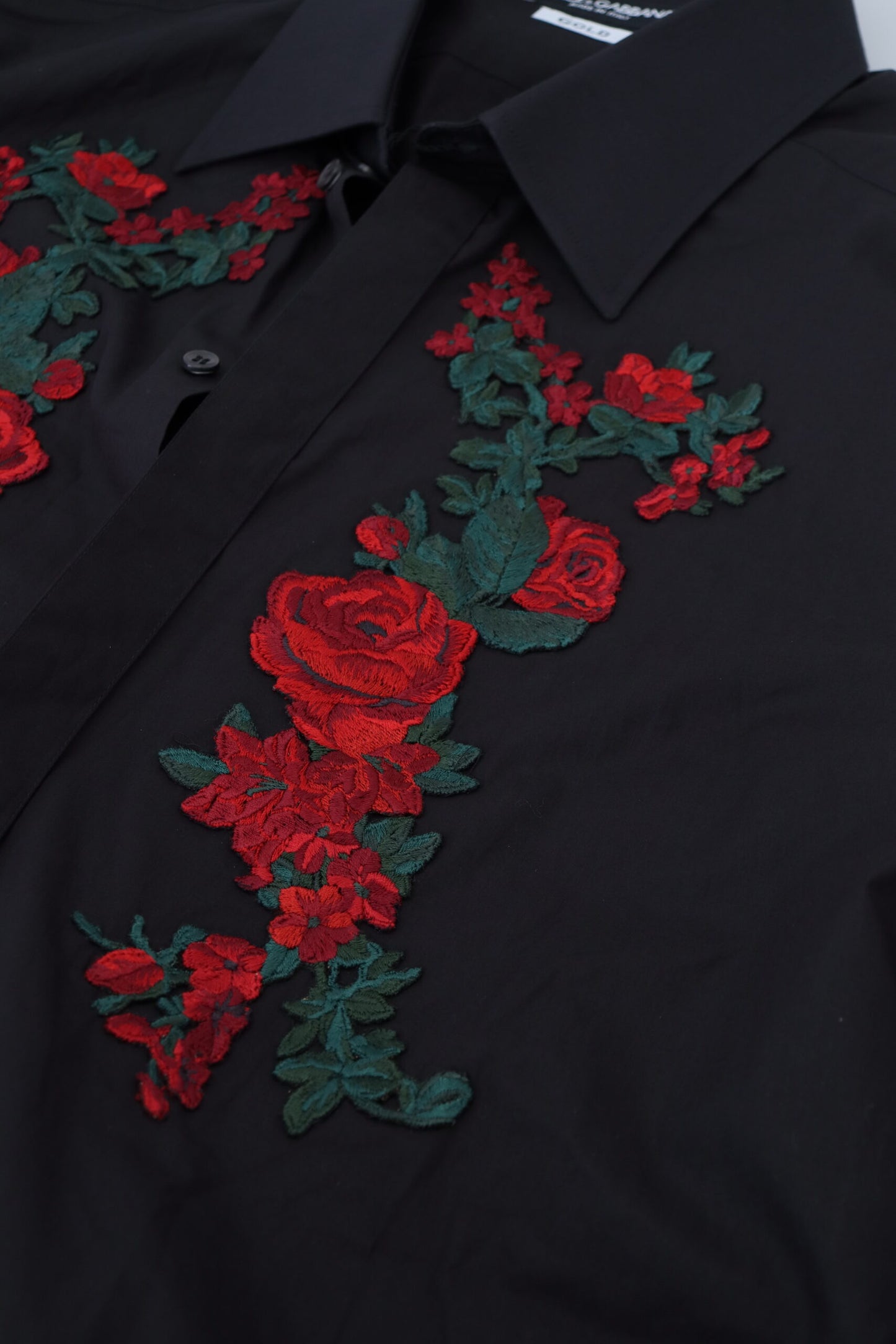 Camisa Dorada de Manga Larga para Hombre con Bordado Floral Negro de Dolce & Gabbana