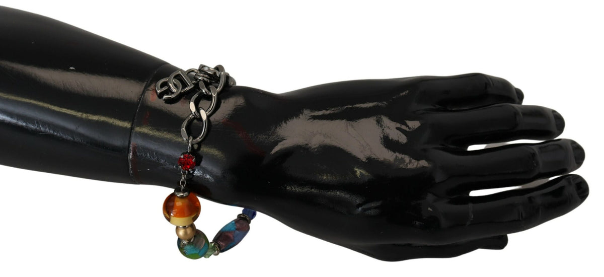 Bracelet Dolce & Gabbana multicolore en laiton avec perles et chaîne argentée, fermoir mousqueton