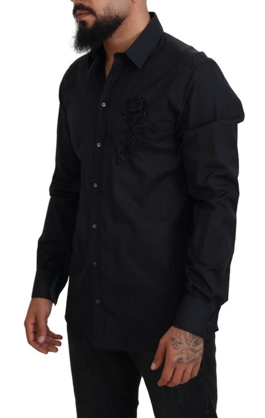 Camisa de algodón ajustada con rosas negras de Dolce & Gabbana