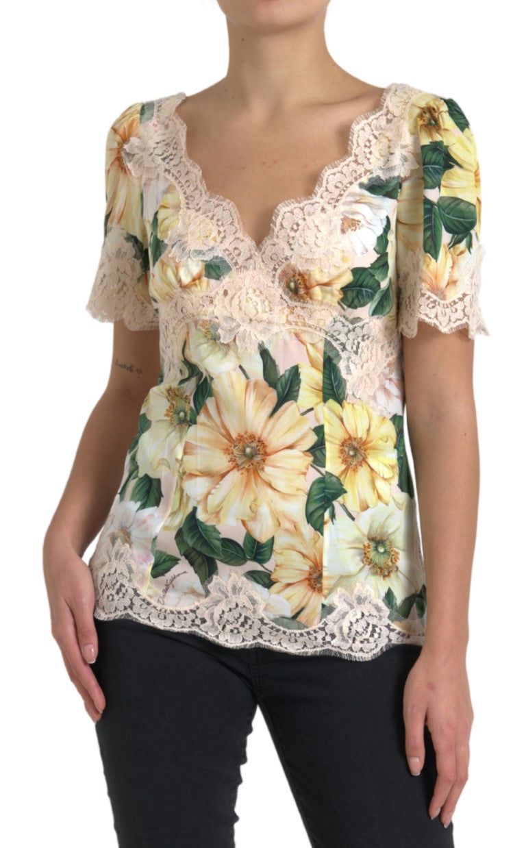 Blusa Dolce & Gabbana de encaje floral multicolor con cuello en V