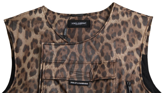 Ropa deportiva sin mangas de seda con estampado de leopardo marrón de Dolce & Gabbana