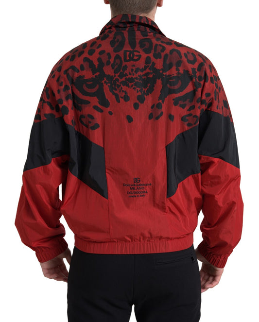 Chaqueta con cremallera completa de nailon con estampado de leopardo rojo de Dolce & Gabbana
