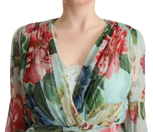 Vestido midi cruzado de seda con estampado floral verde multicolor de Dolce & Gabbana