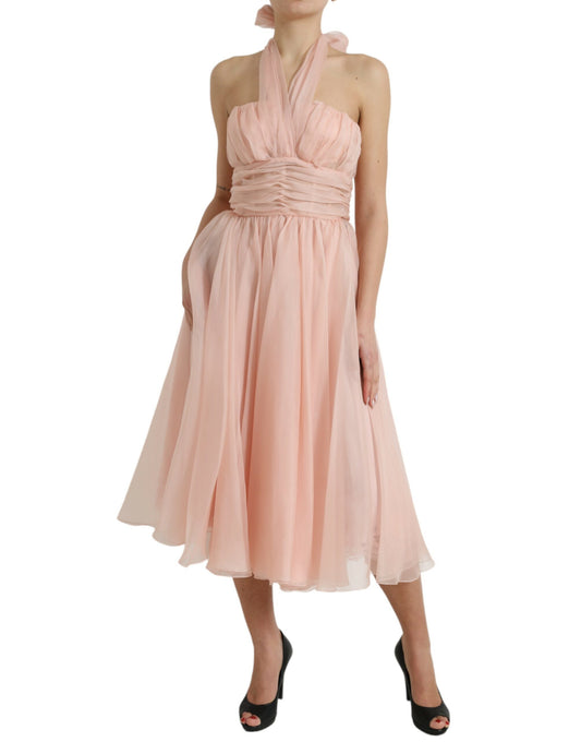 Vestido midi plisado de gasa de seda rosa con cuello halter de Dolce & Gabbana