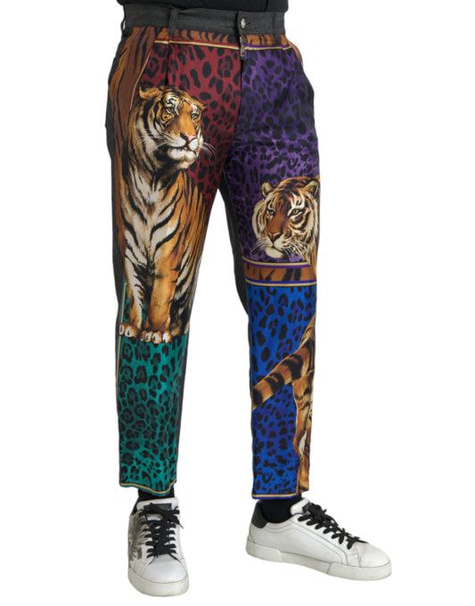 Pantalones sueltos cónicos de algodón multicolor con estampado de tigre y leopardo de Dolce & Gabbana