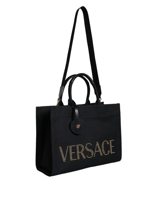 Bolso tote cruzado de mano Versace negro de lona y cuero con logo