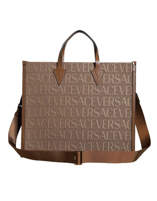 Bolso Versace Tote Marrón Cuero Jacquard Logo Asa Superior Bandolera