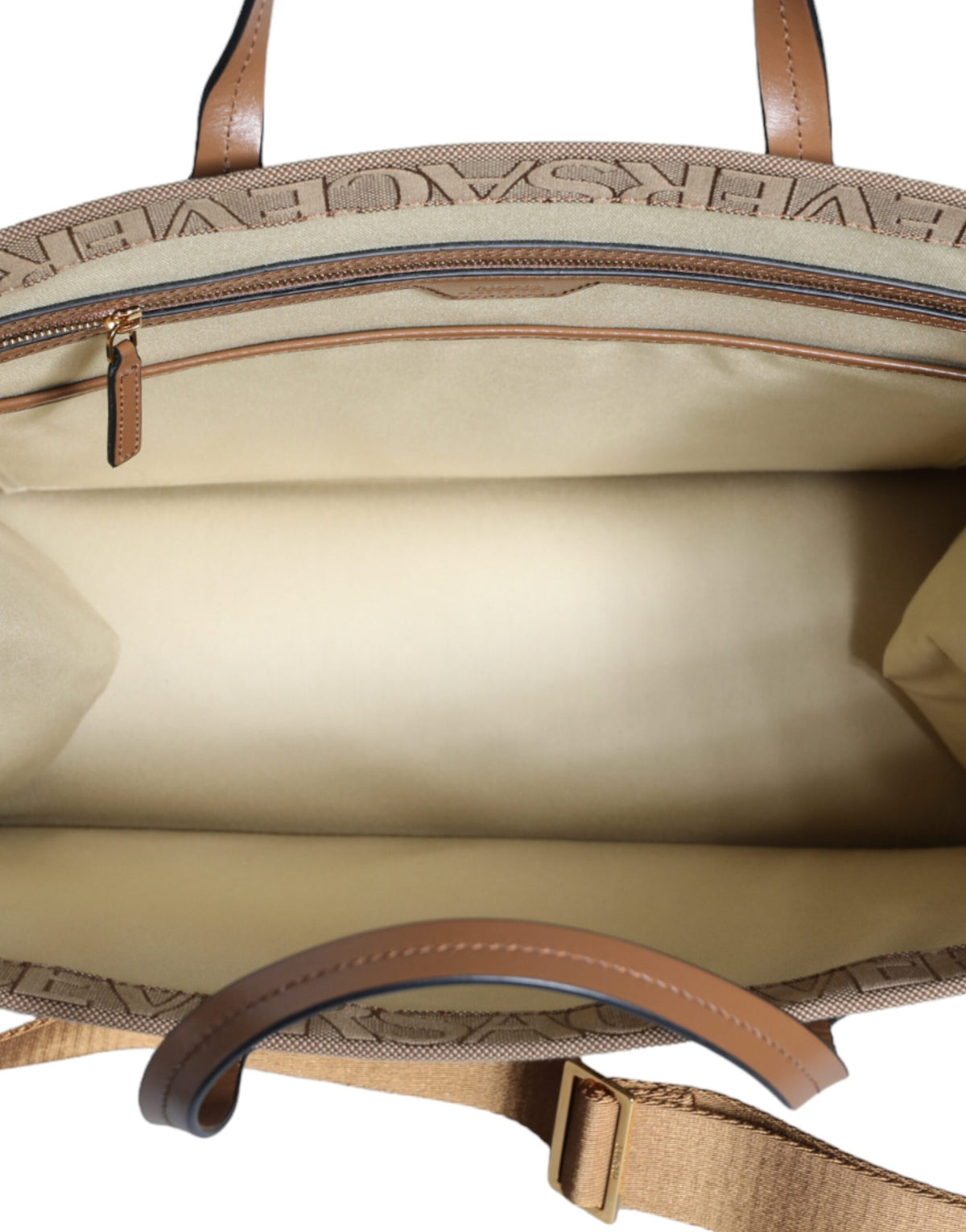 Versace Brown Leather Jacquard Logo Top Handle Crossbody Tote Bag