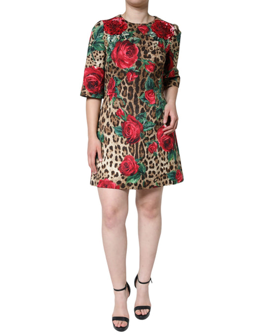 Vestido acampanado de algodón Dolce & Gabbana con estampado de leopardo marrón y rosas rojas