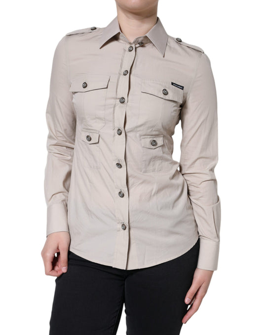 Camisa con cuello y botones de algodón beige Dolce & Gabbana