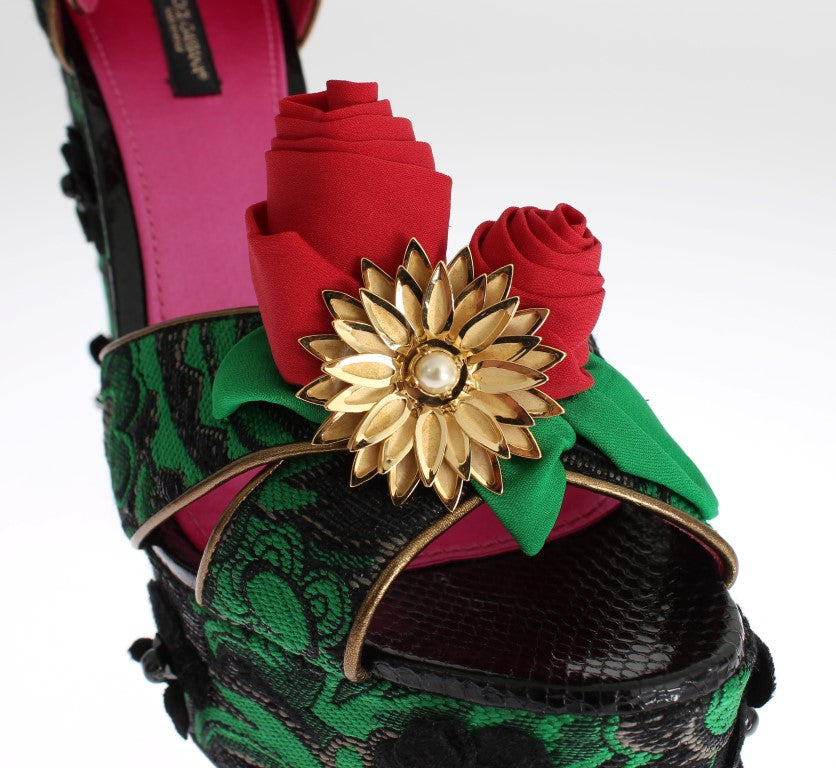 Zapatos Dolce & Gabbana de cristal de rosas de brocado verde y piel de serpiente