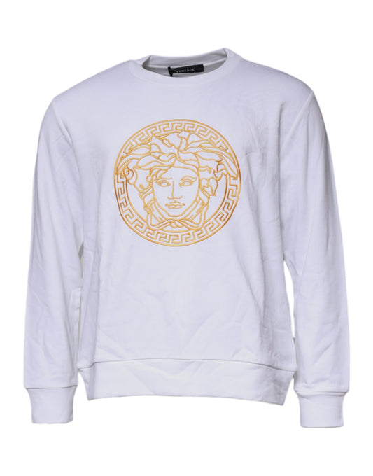 Suéter de punto con cuello redondo y Medusa bordada en blanco de Versace