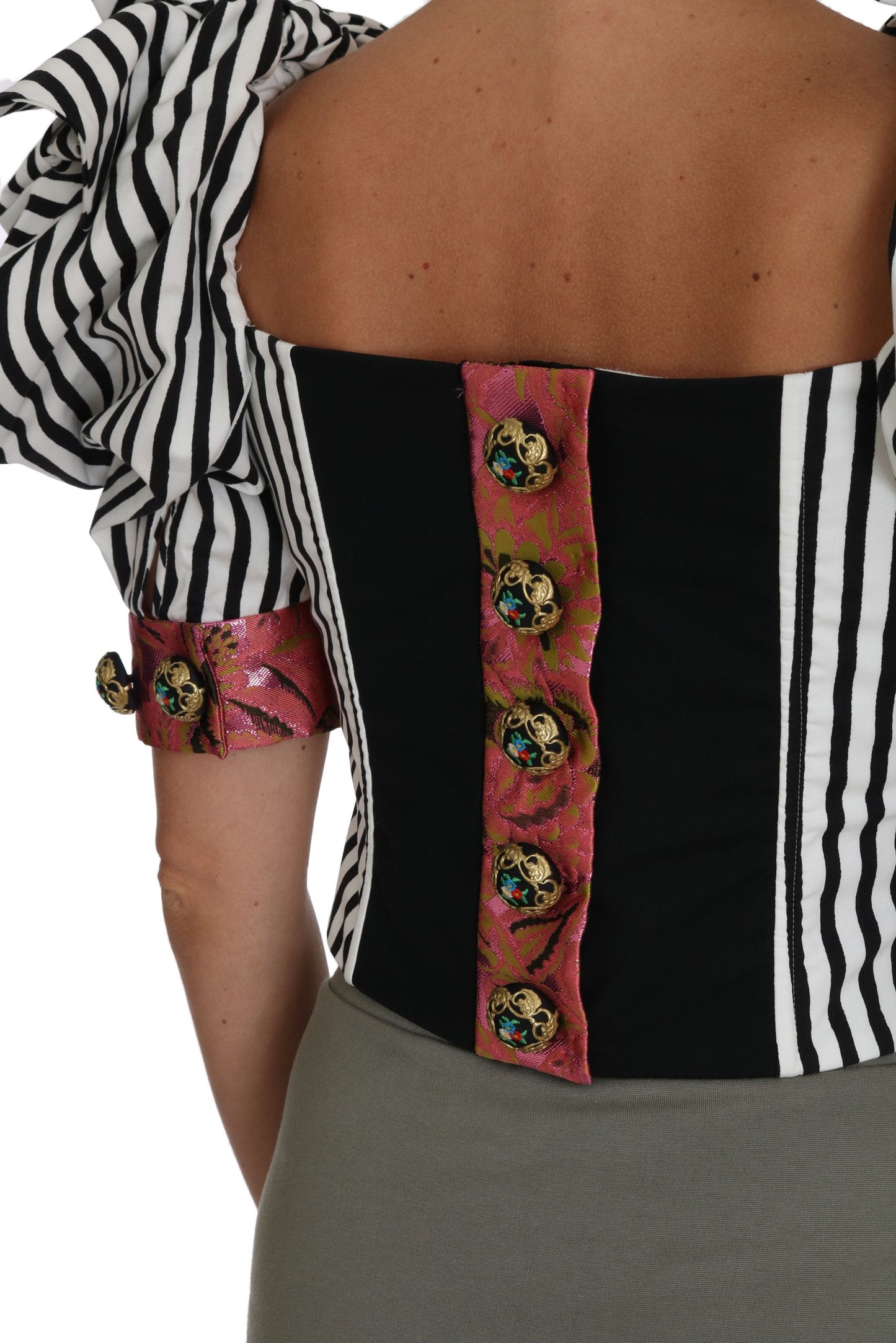 Dolce & Gabbana Camisa Corta de Manga Abullonada a Rayas Blancas y Negras