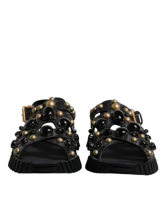 Dolce & Gabbana Sandalias Deslizantes Tachonadas de Cuero Negro