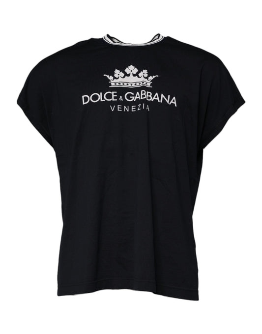 Camiseta Dolce & Gabbana de Algodón con Cuello Redondo y Corona con Logo Azul Oscuro