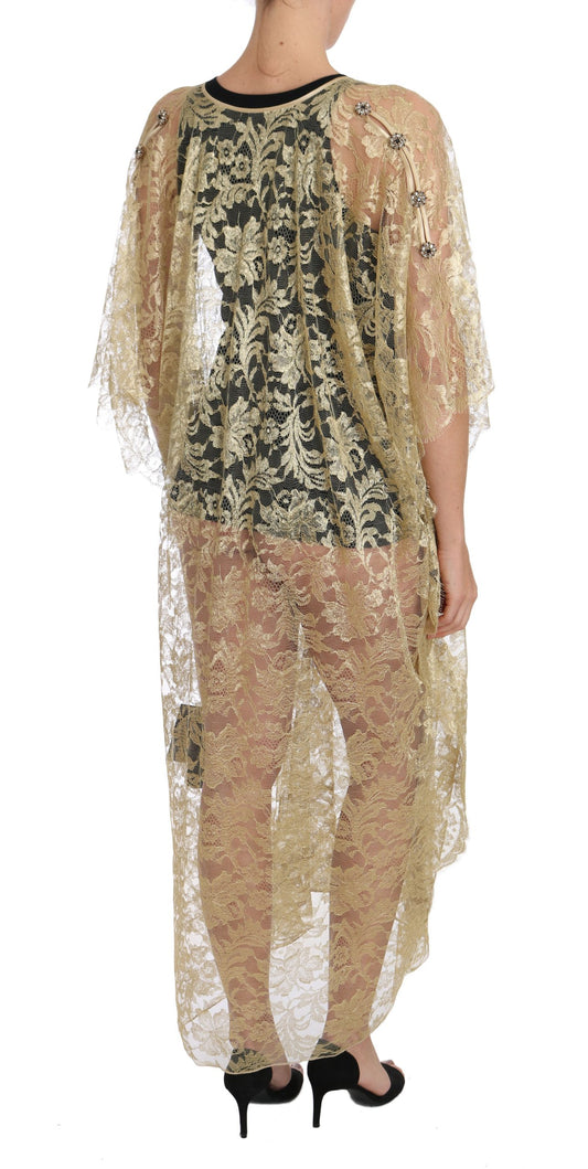 Vestido de gala con capa de encaje floral dorado y cristales Dolce & Gabbana