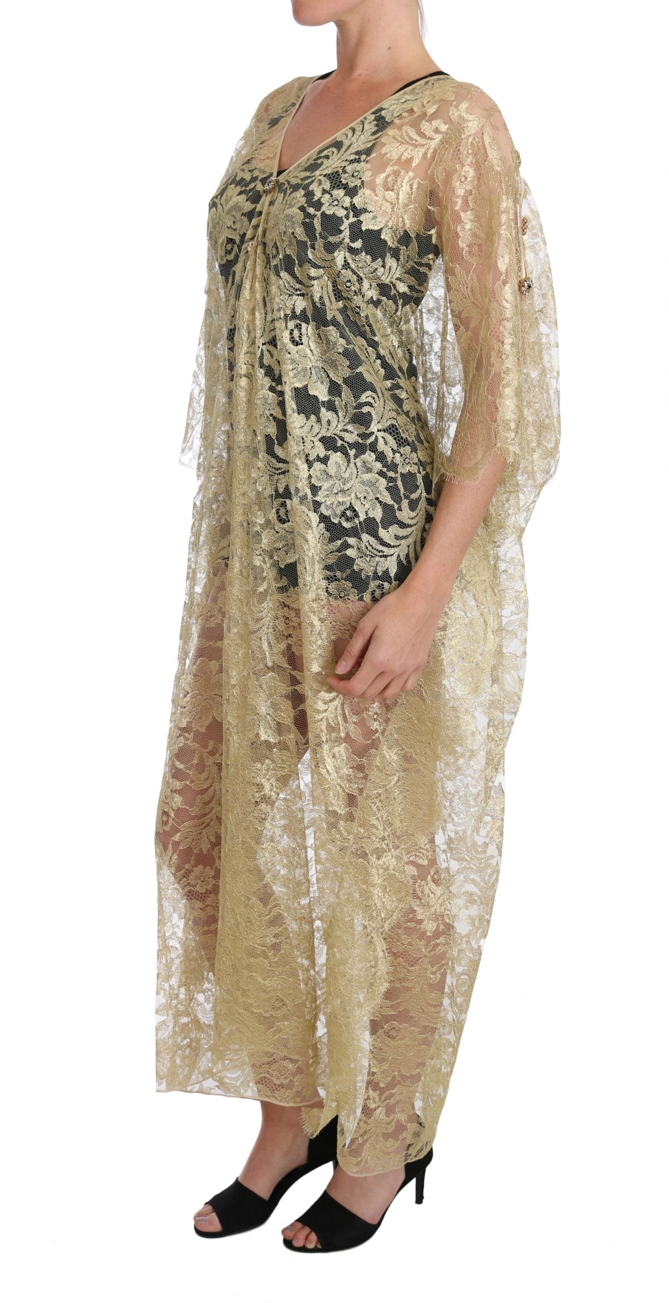 Vestido de gala con capa de encaje floral dorado y cristales Dolce & Gabbana