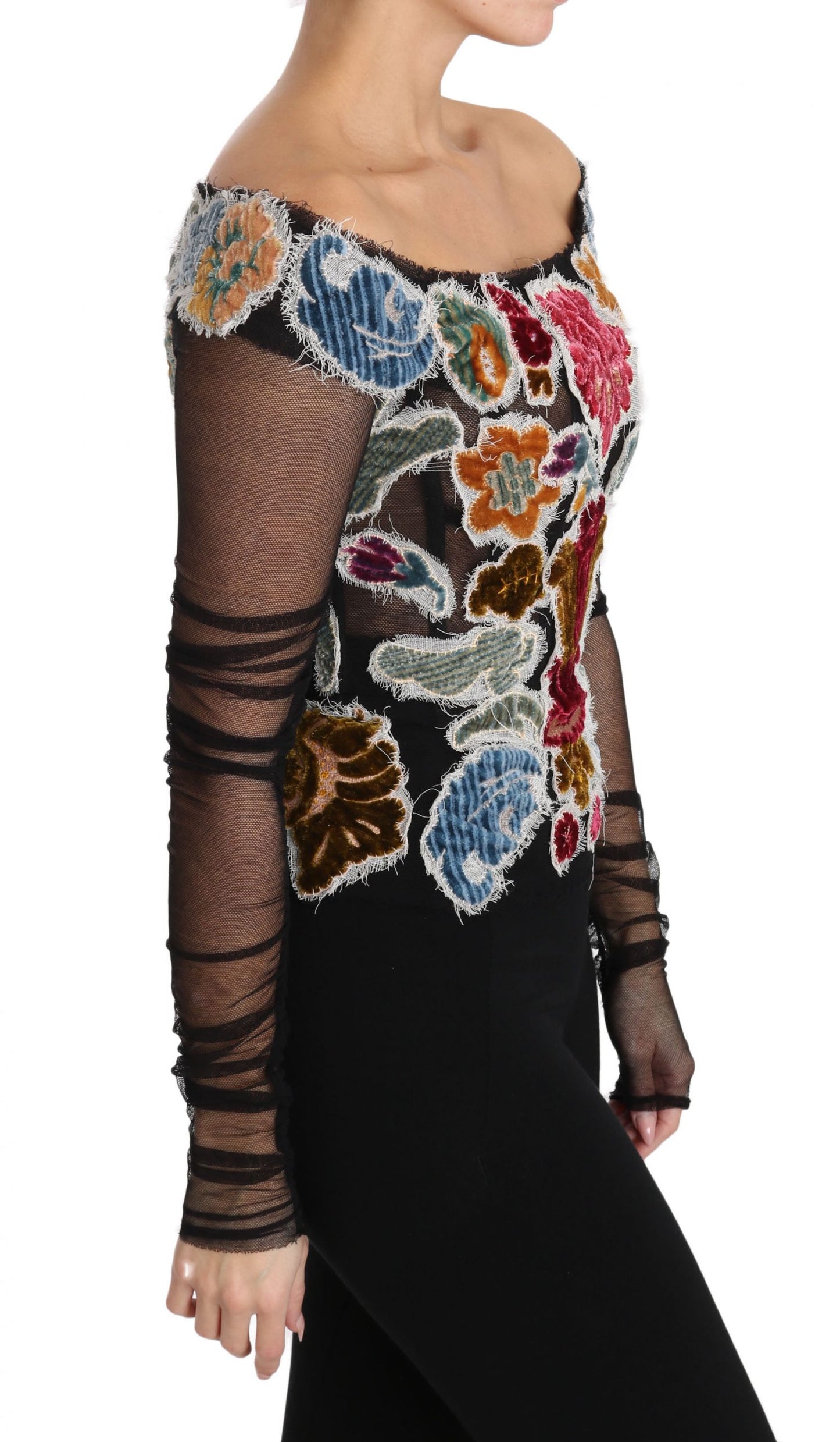 Dolce & Gabbana Blusa/Camiseta Negra Floral Ricamo
