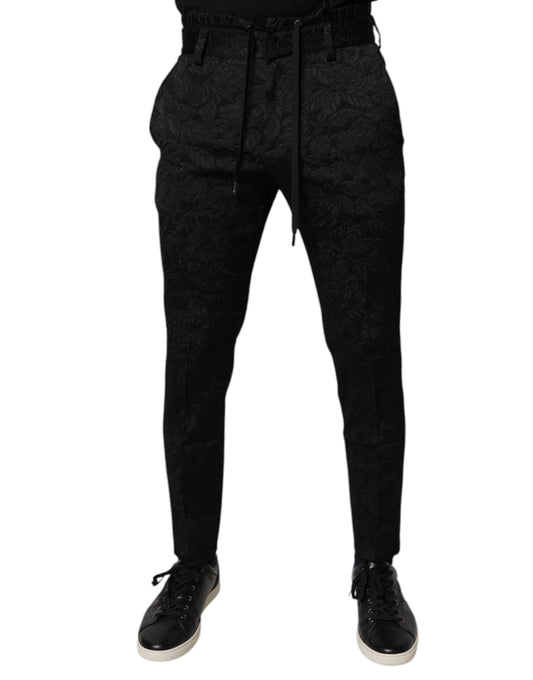 Dolce & Gabbana Pantalones de Vestir Ajustados de Brocado Negro de Poliéster