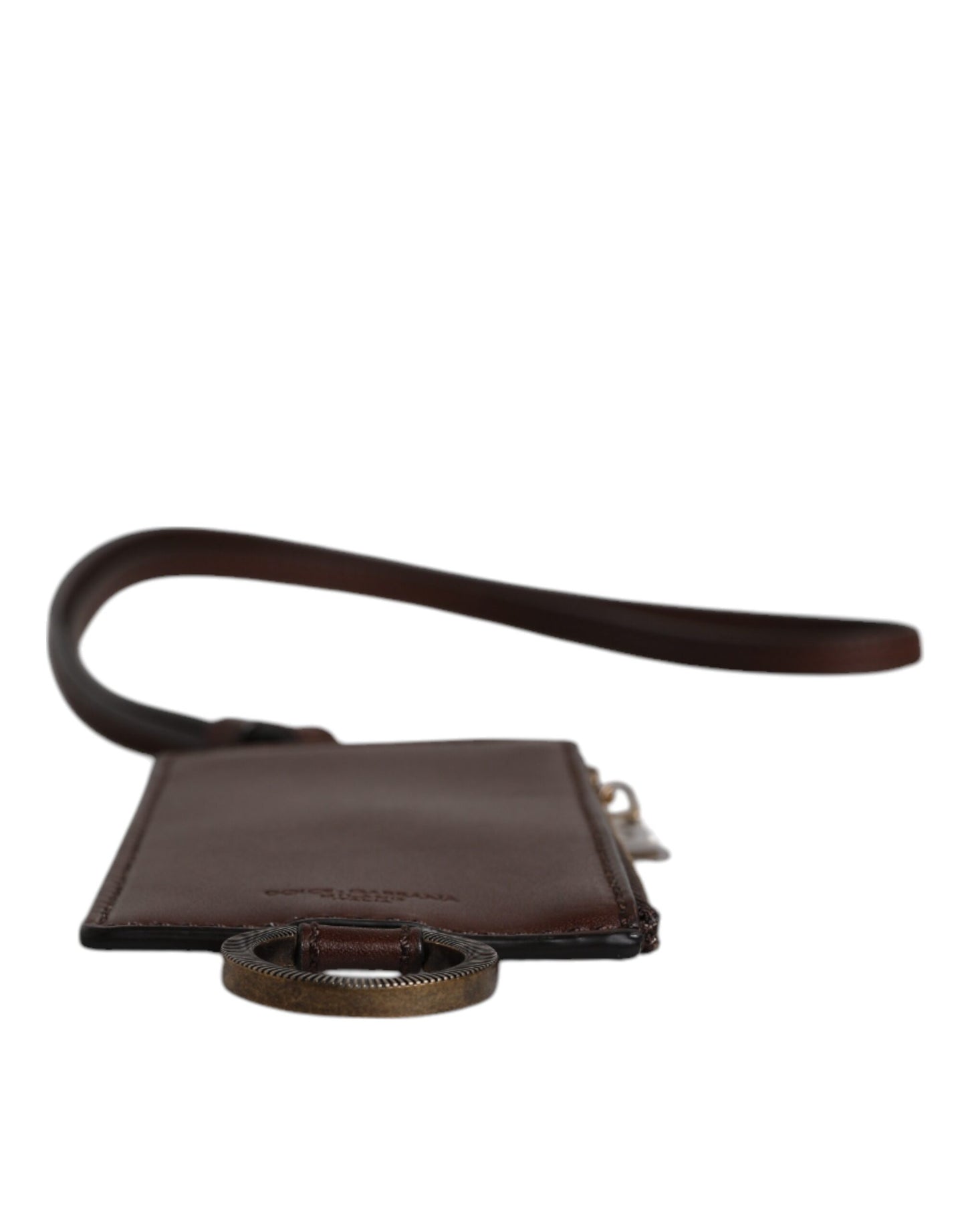 Billetera tarjetera con cordón en piel de becerro marrón con logo de Dolce & Gabbana